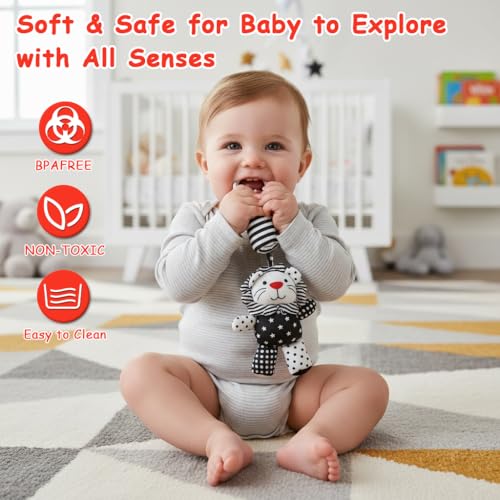 Image of SNOWIE SOFT Baby Toys for 6 to 12 Months Hanging Toy for Stroller Stuffed Plush Little Lion Rattle Toy, Black and White Crib Mobile Cartoon Stuffed Toys New Born Baby Gifts