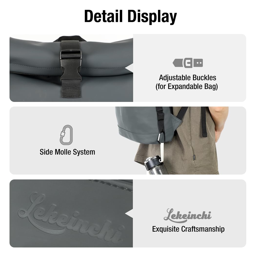 Lekeinchi Zaino Rolltop Uomo Donna Porta PC 17 Pollici | Zaino Impermeabile Uomo Donna - Rains Zaino con Strisce Riflettenti - Zaino da Viaggio Espandibile - Casual Lavoro Università - Grigio