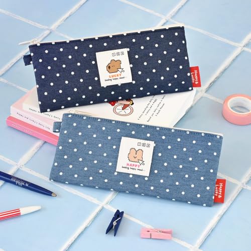 Image of Monolike Happy and Lucky Denim Dot pen case, Navy - Slim Corduroy Style Cotton Pen Pouch, Cute Aesthetic Pastel Stationery Organizer for Office
