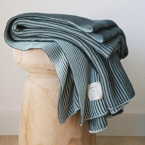 Lumi Living 100% Cotton Two Toned Rib Knit Throw Blanket (50x60 Sacramento Green & Mint Blue) Cover