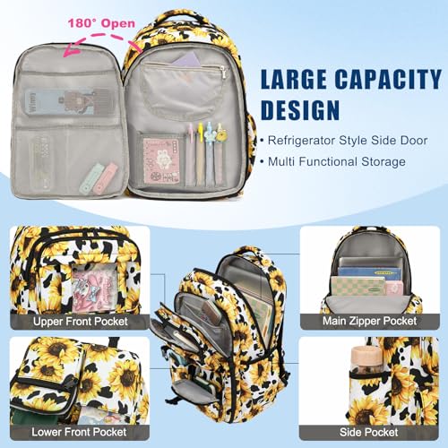 Sunflower Cow Print School Backpack for Girls, 3Pcs Kids Bookbag Set School Bags Back Pack with Lunch Box and Pencil Bag3