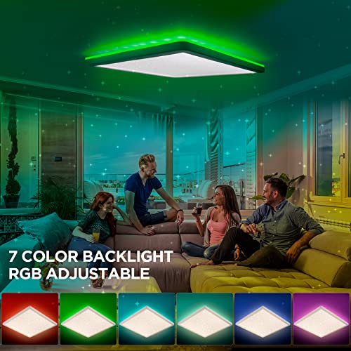 Plafonnier LED Starry Sky, plafonnier à intensité variable 24W, rétroéclairage RGB 6 couleurs avec télécommande, 3000K-6500K, IP54, panneau carré ultra fin pour chambre/salle de bain/couloir/cuisine - Image 5
