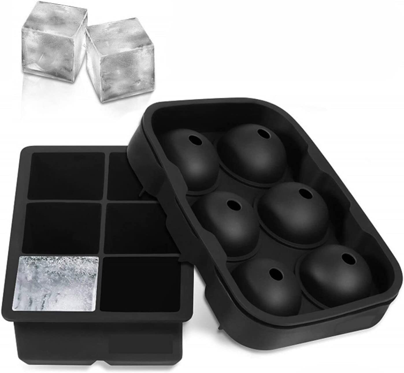SKY-TOUCH Ice Cube Tray Silicone 4-Piece Set, 2 Spherical Round Ice Ball Makers and 2 Large Square Ice Cube Molds for Cooling Bourbon Cocktails, Drinks and More
