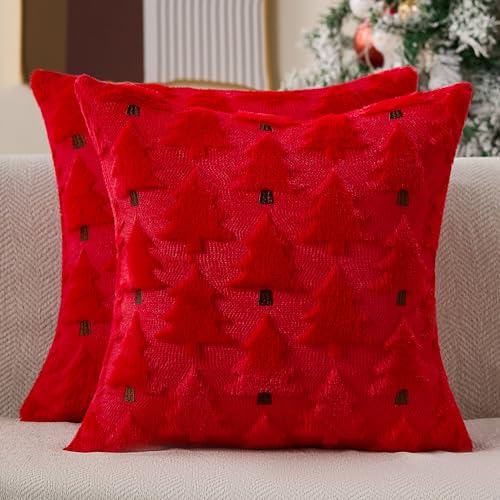 Image of Allorry Christmas Pillow Covers 18x18 inch Set of 2 Christmas Decorations Soft Plush Faux Fur Wool Red Christmas Tree Throw Pillow Cases Winter Holiday Decor for Sofa Living Room PT012Q18