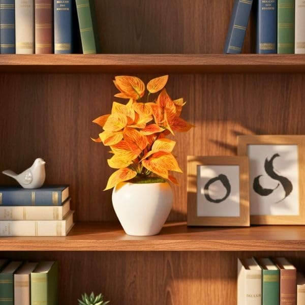 Image of fancymart Artificial Plant Leaves in Apple Pot (30 cm Height) | Small Potted Plant for Office Desk | Home Decor for Living Room | Cafe & Restaurant Table Decoration
