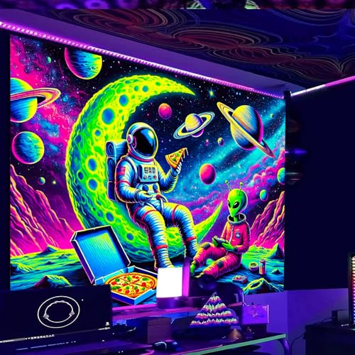 Image of Nuxovilar Neon Astronaut Wall Tapestry Polyester 78.74x59.05 In | Glow Poster Trippy Wall Art Space Decor UV Backdrop Bedroom Game Room Lounge Space Room Area (Astronaut Motif)