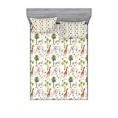 Ambesonne Watercolor Elephant Fitted Sheet & Pillow Sham Set, Wild Animals Giraffe Cheetah Antelope Savannah Palm Trees Tropic, Decorative Printed 3 Piece Bedding Decor Set, Full, Green Pale Brown