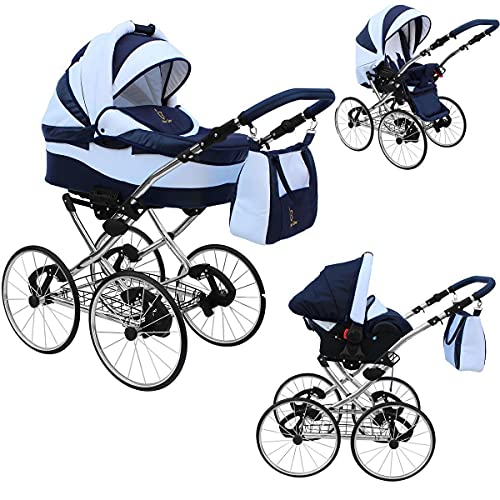 Lux4kids Retro Kinderwagen 17" Reifen Speichenräder Pannenfrei mit Sonnenschirm Classico Blue 01 4in1 Autositz +Isofix
