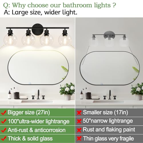 2024-Upgrade-4-Light-Bathroom-Light-Fixtures-Black-Bathroom-Lights-Over-Mirror-with-Clear-Glass-Globe-Shade-Vanity-Lights-for-Bathroom-Kitchen-Living-Room-Hallway-Cabinet-Bedroom-Porch 2024 Upgrade 4 Light Bathroom Light Fixtures Black Bathroom Lights Over Mirror with Clear Glass Globe Shade Vanity Lights for Bathroom Kitchen Living Room Hallway Cabinet Bedroom Porch