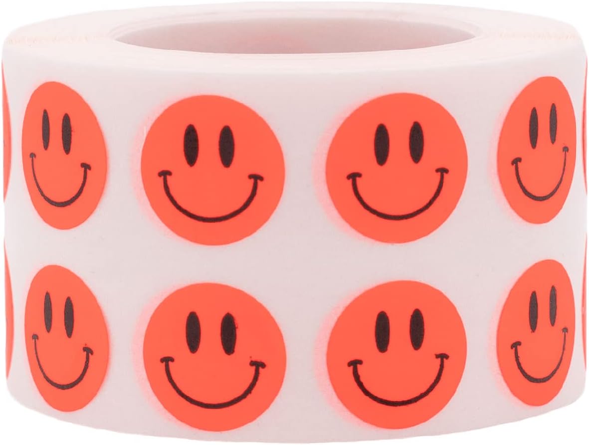 1/2" Inch Small Fluorescent Red Happy Face Labels, 1,000 Total Adhesive Stickers on a Roll, Perfect for Kids Classroom Incentives, Motivational Chart Use