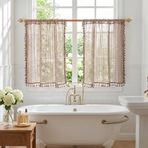 Image of MYSKY HOME Lace Tier Curtains 30 Inch Length 2 Panels Kitchen Cafe Sheer Short Boho Half Country Rod Pocket Curtains for Small Windows Basement Bathroom, 34 inch Wide Each Panel, Brown