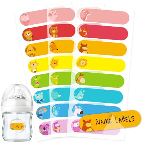 Image of Baby Bottle Labels for Daycare, Self-Laminating, Waterproof Write-On Name Labels, Assorted Sizes & Colors, Pack of 64 (Animal Friends)