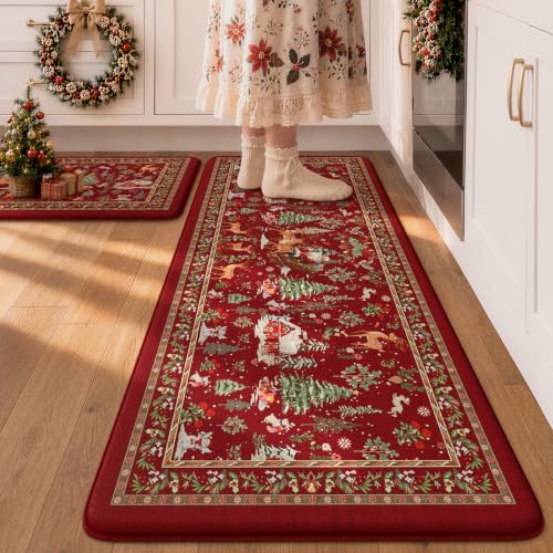 KIMODE Christmas Kitchen Mats for Floor Cushioned Anti Fatigue Rugs 2PCS