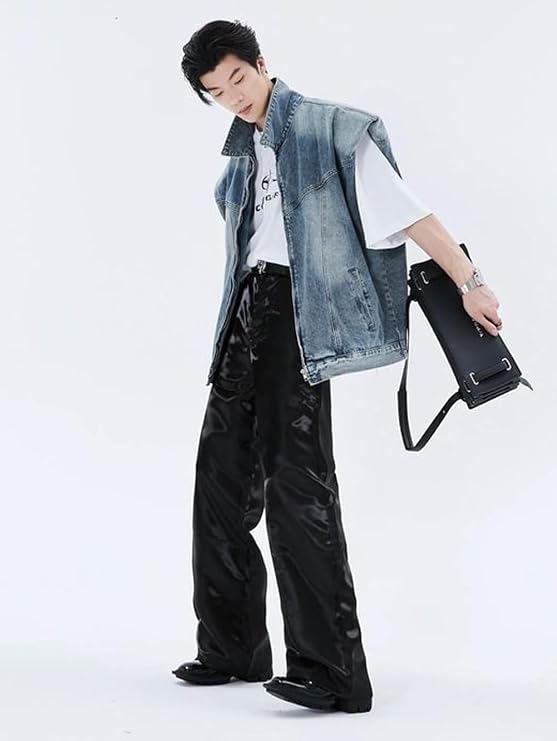 Mens Denim Vests Cap Sleeve Loose Fit Trendy Fashion Zip Up Jean Vest Jackets