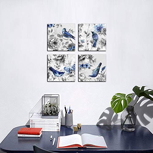 Canvas Wall Art Beautiful Watercolor Blue Bird And Flower Painting 4 Pcs Wall Art Print On Contemporary Home Bedroom Wall Decoration Wrapped With Wooden Frame Ready To Hang (12X12Inchx4Pcs, Blue1) #TOP4