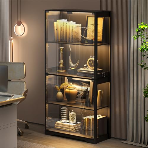 Display Cabinet with Glass Doors, 4-Tier Curio Cabinet with 3 Color Lights for Collectibles, Glass Display Case with Human Body Sensor, Bookcase with 4 Shelves, Storage Cabinets, Black