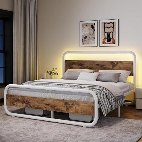 Image of Full Size Bed Frame, Wood Headboard and Footboard, LED Lights, White | Metal Platform with Heavy Duty Metal Slats Support /12 in Under-Bed Storage /Noise-Free /No Box Spring Needed /Easy Assembly