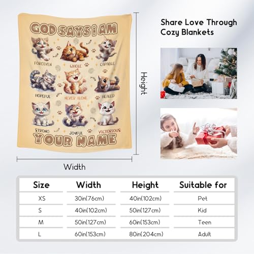 Custom Cat Blanket, Cozy Soft Throw Gifts for Kids, 30x40 Inch Cute Flannel Blanket for Cat Lovers, God Says I Am Throw Blankets for Couch Office
