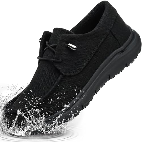 TEYTAP Waterproof Non Slip Work Shoes for Men Women Black Slip Resistant Food Service Chef Kitchen Restaurant Shoes Slip On Loafers Casual Lightweight Canvas Walking Shoes