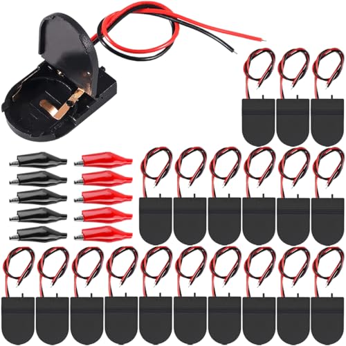 MKBKLLJY 20個CR2032 1 X 3V電池のホールダー電池の収納箱は電子DIYのためのオンオフスイッチそしてワニ口クリップのスイッチワイヤーが付いている黒いボタン電池のホールダーの硬貨の細胞電池のホールダーを覆う