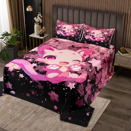 Erosebridal Kawaii Wildlife Quilt Set Twin Size Cherry Blossoms Bedspread Set for Kids Girls Boys Cartoon Animal Bedroom Decor Fantasy Flowers Coverlet Set Dreamy Pink Black Bed Set