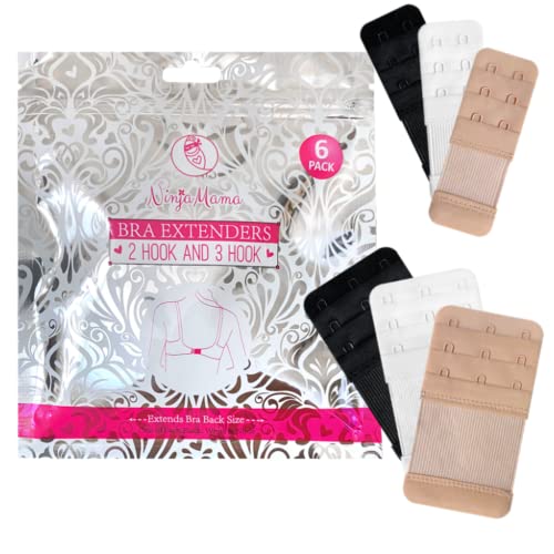 Ninja Mama Bra Extender 2 Hook & 3 Hooks Bra Extenders & Pretty Storage Bag. Pack Of 6 – One Of Each Black, White And Nude. Bra Strap Extender For Pregnant And Postpartum Women In Between Bra Sizes #TOP1