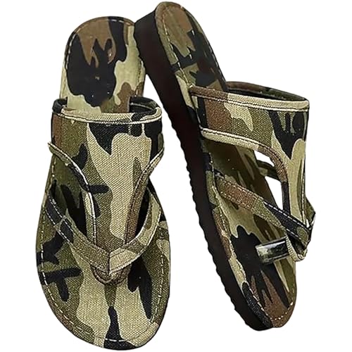 Gardenns Military Green Camouflage Women's Flat Sandals, Woven Women's Flat Sandals, Slip Strappy Flat Open Toe Slide Ring Fabric Flip Flops