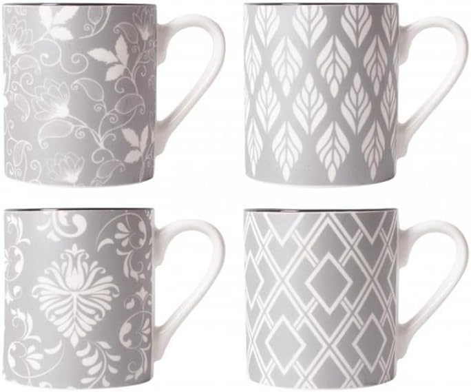 YöL Set Of 4 Porcelain New Bone China Mugs Coffee Tea Cup 17oz Grey White Floral Geometric Large