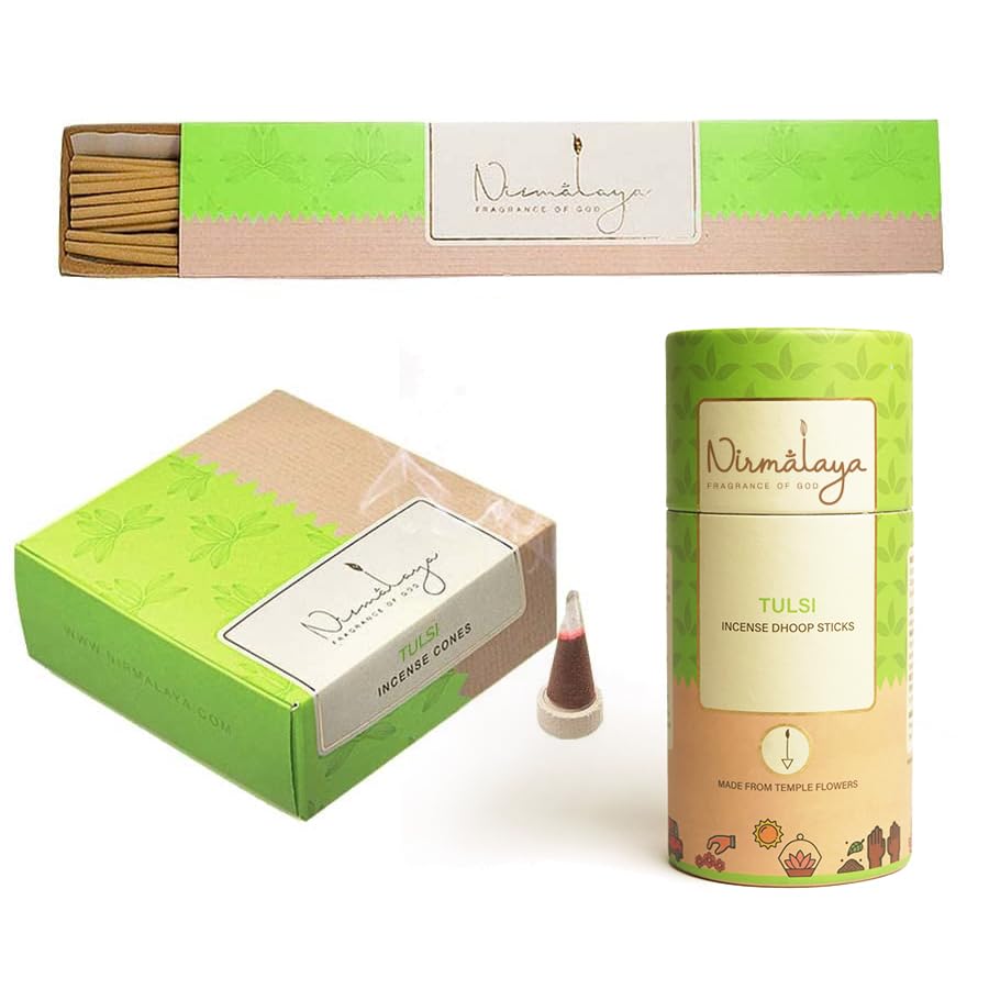 Image of Nirmalaya Premium Incense Combo Pack | 100% Natural Organic | 40 Incense Sticks, 40 Incense Cones, 40 Dhoop Sticks | for Pooja, Meditation & Yoga (Tulsi) Free Stand Inside