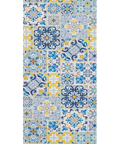 Passatoia CETARA anti-macchia anti-scivolo lavabile in lavatrice cm.52x150 tappeto cucina bagno ingresso multiuso, disegno ceramica stile maiolica