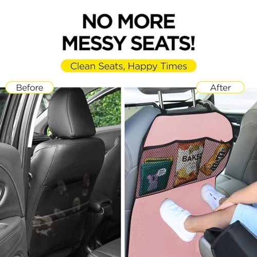 lebogner Back Seat Cover For Kids + 3 Pocket Storage Organizer, 2 Pack Kick Mats Backseat Protector, Car Accessories Waterproof Kick Guard for Vehicles to Protect from Dirt, Mud & Scratches, Pink