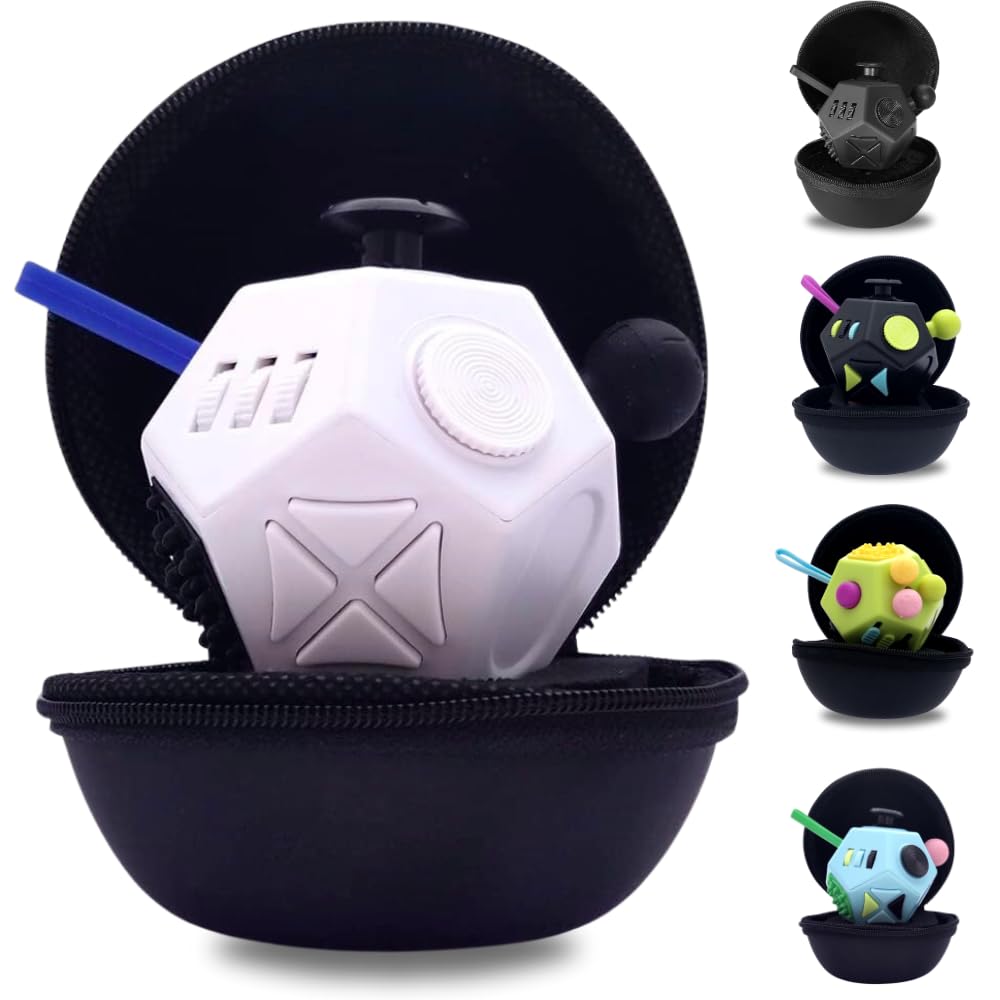 PILPOC theFube Kids and Adult Fidget Toy with 12 Sides - Handy Stress Fidget Toys - Audible/Quiet Fidget Toys for School or Work - Fidget for Anxiety & Stress Relief, with Carry Case (White & Mix)