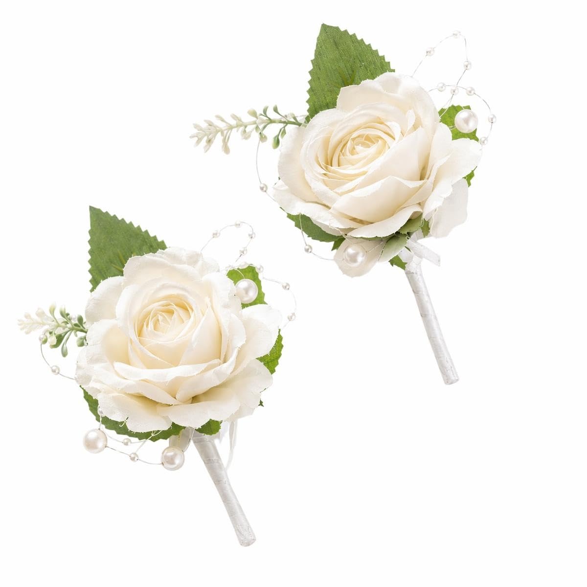 SINJAETRQ 2 Pcs White Roses Artificial Flowers Boutonniere for Men, Premium Silk Lapel Pin (8x12cm) for Groom and Best Man, Elegant Suit Accessories for Wedding, Prom, Anniversary & Formal Party