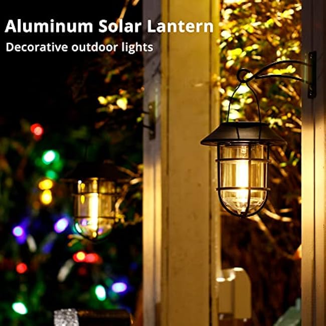 Solar Lantern Outdoor Hanging Solar Lights, Waterproof Metal Outdoor Lights with Clear Glass, LED Edison Bulbs Cordless Decorative Aluminum Wall Lantern with Hooks, Bronze