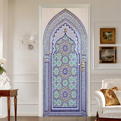 3D Puerta Murales Pegatinas Arco azul árabe Papel Pintado Puertas Autoadhesivo Vinilos,para Cocina Sala deBaño Decorativos 77x200cm