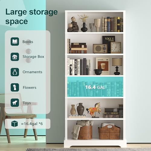 Image of TVU 6-Tier Wooden Bookshelf, 77.2 inch Tall Farmhouse Style Open Bookcase, 31.5 inch W Standing Bookshelf with Storage, Suitable for Study, Living Room, Office, White