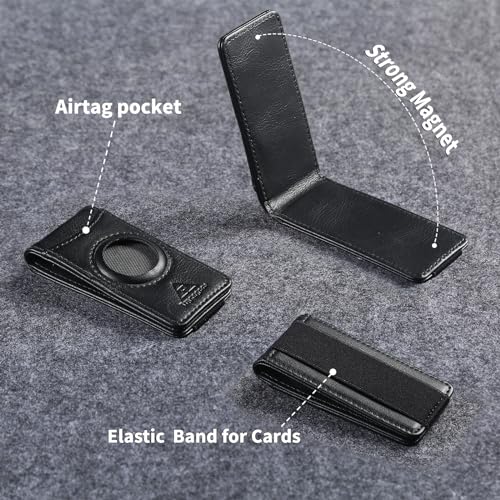 Image of Slim Magnetic Money Clip Wallet for Men with Airtag Holder & Elastic Band,Leather Card & Cash Holder for Men (Black)