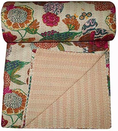 Fruit Print Cotton Kantha Quilt Bedspreads Throw Blanket Floral Boho Bedspread Bohemian Bedding Indian Handmade Kantha Quilt Patch Work Bed Cover (Queen 90 X 108 Inch, Ivory)
