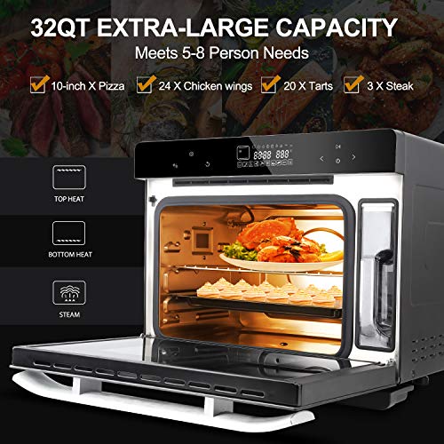 Vestaware Steam Toaster Oven, 32QT Smart Convection Oven LED Display Wall Oven with 5 Predefined Programs/4 Menus with 32 Predefined Recipes/DIY modes Includes Baking Pan Grill Rack Mitts, 1800W
