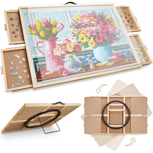 1500 Pieces Rotating Puzzle Boardwith Drawers and Cover - Sturdy Jigsaw Puzzle Table with 4 Drawers Wooden (1500psc-board)