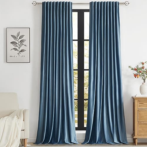 Image of PRIMROSE Velvet Curtains 102 inch Long for Living Room,Set of 2 Panels Stone Grayish Blue Blackout Rod Pocket Back Tab Window Treatment Room Darkening Heavy Decorative Curtains Drapes for Bedroom