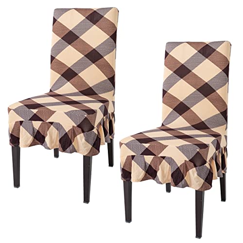 Image of HOKIPO Dining Table Chair Frill Cover 2 Seater Elastic Slipcovers Seat Protector (AR-4091-D5*2) ,Polyester Blend ,Beige