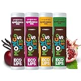 Eco Lips Mongo Kiss Organic Lip Balm 4 Pack Peppermint, Pomegranate, Vanilla Honey, Black Cherry - 100 Percent USDA Organic - Soothe, Moisturize Dry, Cracked and Chapped Lips - Made in USA