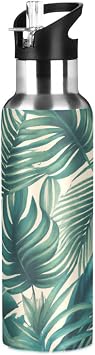 20 Oz Vacuum Insulated Stainless Steel Water Bottle,Palm Leaf Wide Mouth Water Bottle with Straw Lid Leakproof,BPA-Free Sports Water Bottle