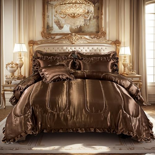 Silky Comforter Set with Sheet Set Queen 8 Pcs Borwn Bed in a Bag Dark Coffee Bedding Set Silk Like Satin Ruffle Home Deocr Sexy Hotel Silky Bed Set with 1 Cushion Cover