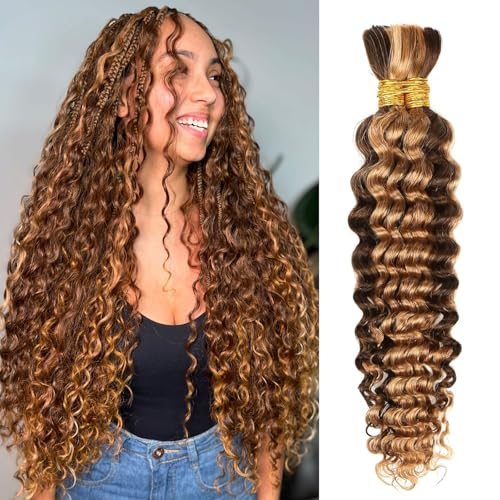 Human Braiding Hair 16 Inch 100g Ombre Highlight Deep Wave Bulk Human Hair for Braids No Weft Curly Bundles Human Hair Extensions for Boho Knotless Braids Wet and Wavy Braiding Hair (4/27)