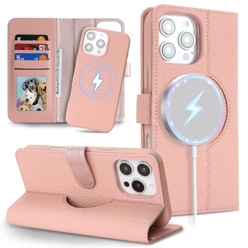 Image of Detachable Genuine Leather Case for iPhone 16 Pro Max Wallet Case Magnetic 2in1 Removable Flip Cover Book Purse Compatible with Magsafe Charging Kickstand Card Holder-Pink
