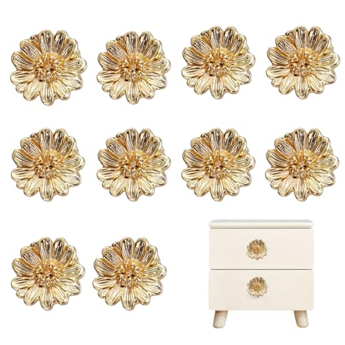 Xinally 10 Pcs Gold Cabinet Knobs Zinc Alloy Flower Shape Drawer Knobs Cabinet Hardware for Drawer Bathroom Closet Wardrobe Dresser Cabinet (Flower)