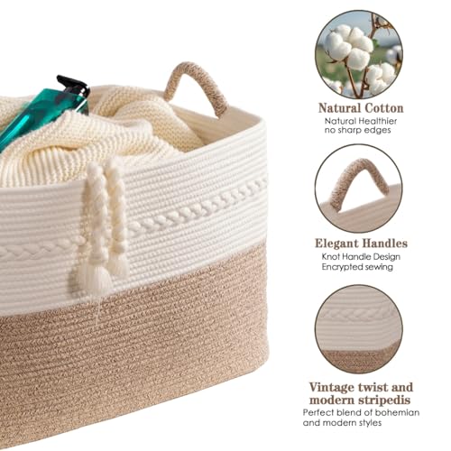 Decorative laundry basket with handles woven from natural cotton rope storage blankets for living room cute boho quilted gift baskets for clothes pillows toys 20"x14"x10",white/brown - Image 5