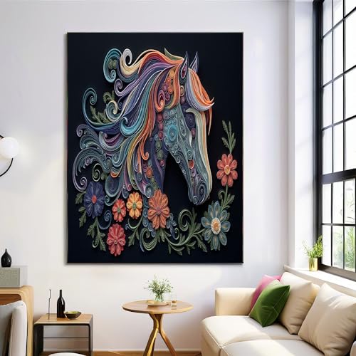Tableau deco artistique murale fleurs et chevaux colorés sans cadre 60x90